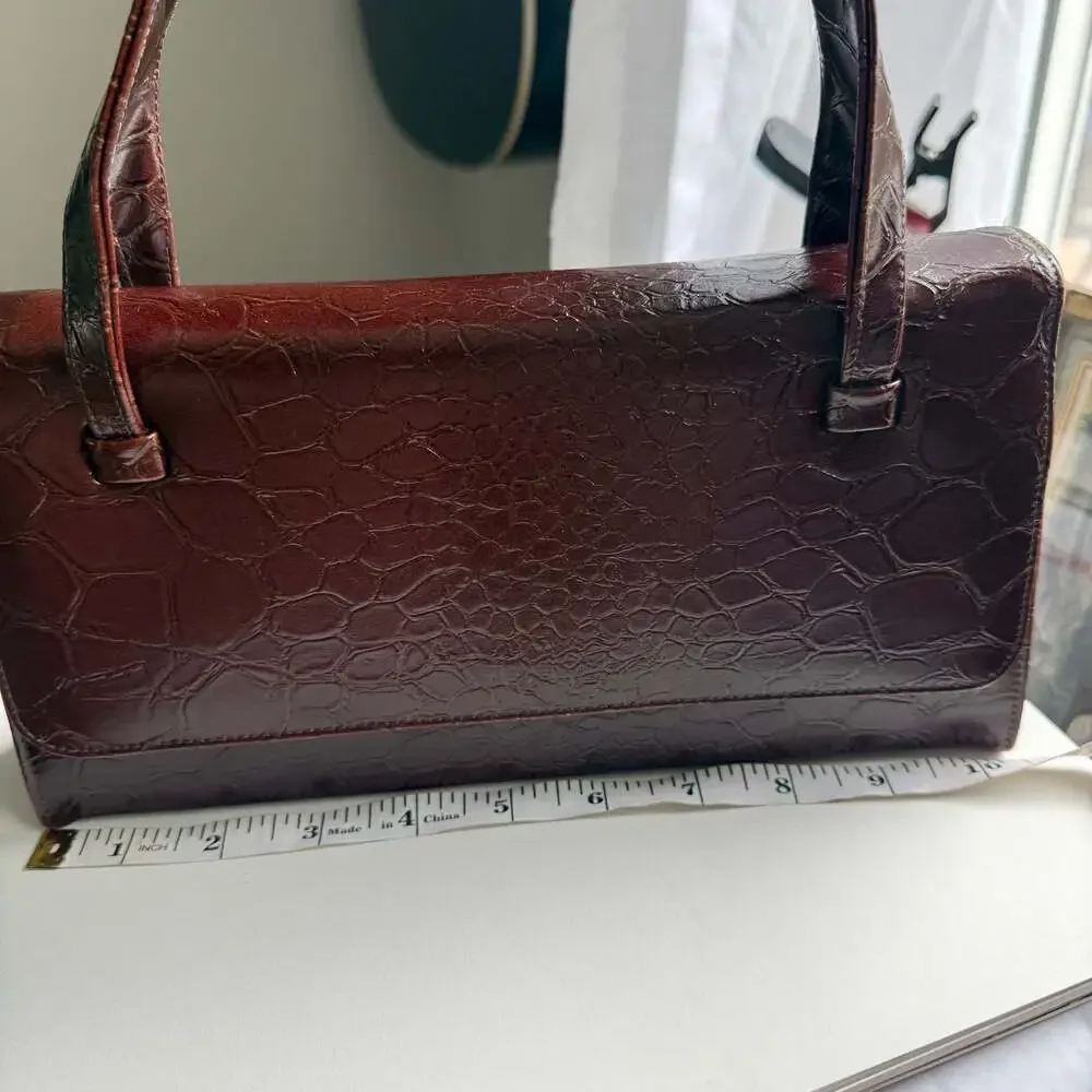 Vintage Mid-Century Style Burgundy Crocodile-Embossed Structured Box Handbag